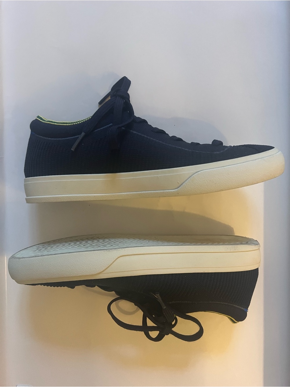 Rothy’s The Lace Up Knit Comfort Casual Sneaker in Navy& Lime Green Trim - Picture 6 of 12